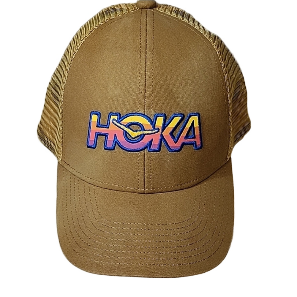Hoka Tan Trucker Hat with Multicolor Logo